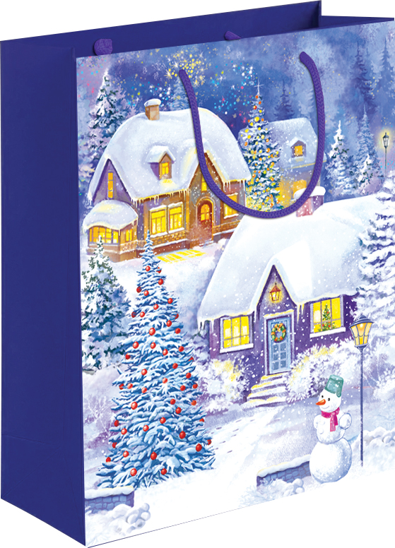 Пакет подарочный, Новогодние домики, Синий, 23*18*10 см, 1 шт.
