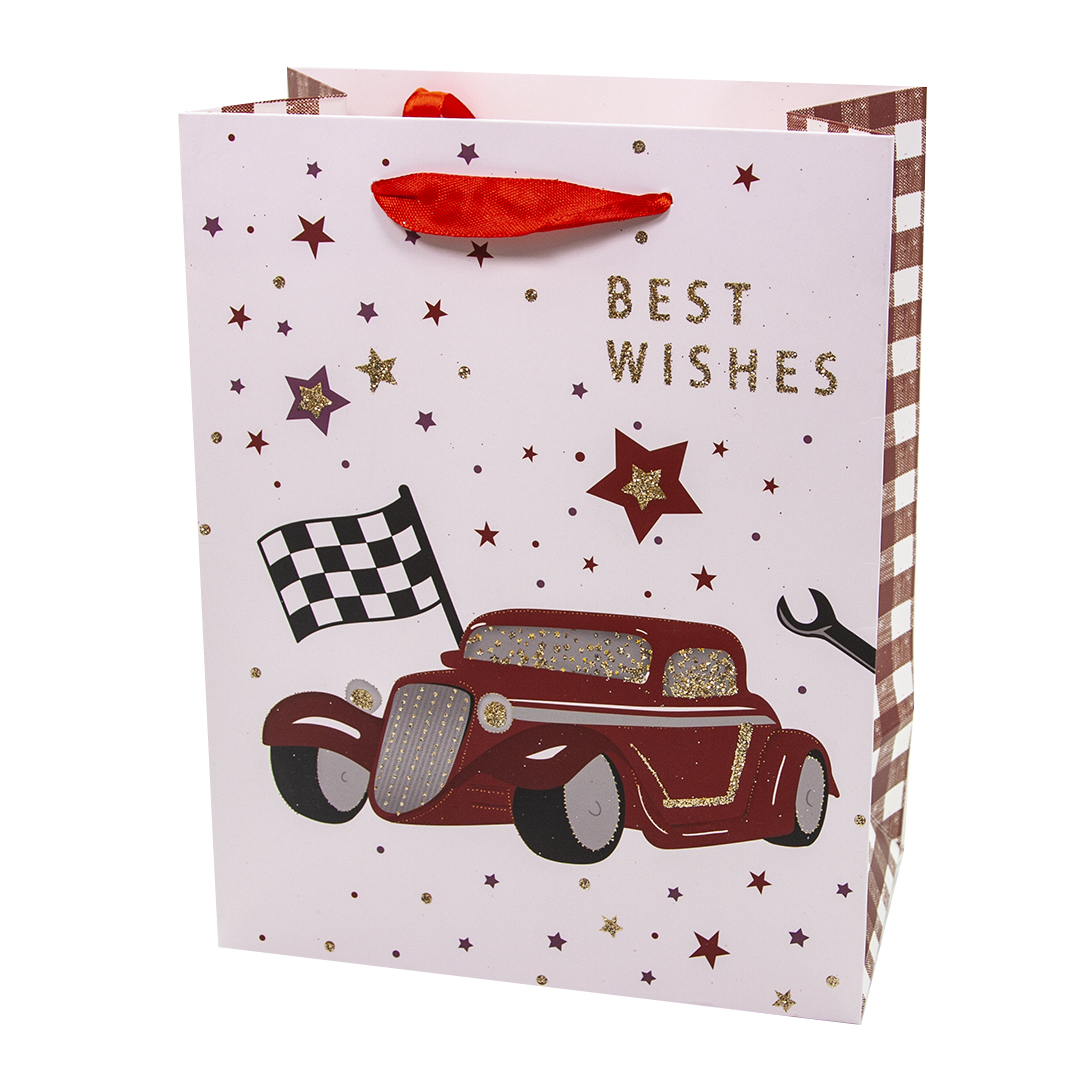 Пакет подарочный, Красный ретро-автомобиль, с блестками, 23*18*10 см, 1 шт.