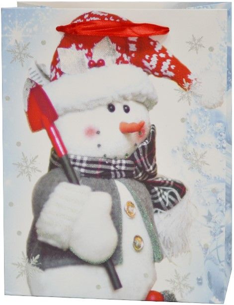 Пакет подарочный, Снеговичок в красном колпачке, с блестками, 23*18*10 см, 1 шт.