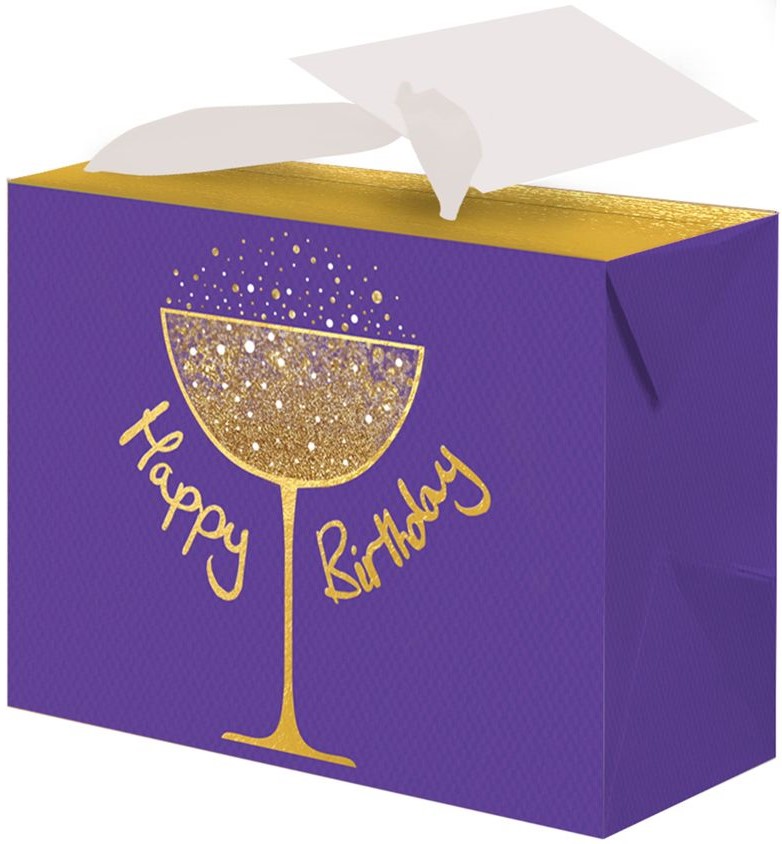 Пакет-коробка подарочный, С Днем Рождения (золотой бокал), Фиолетовый, Металлик, с блестками, 15*11*