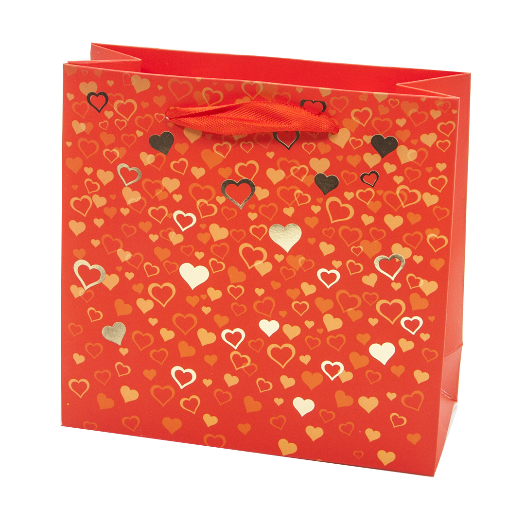 Пакет подарочный, Конфетти сердец, Красный, Металлик, 15*15*6 см, 1 шт.