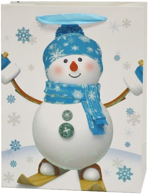 Пакет подарочный, Снеговичок в синей шапочке, с блестками, 23*18*10 см, 1 шт.