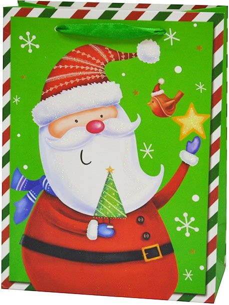 Пакет подарочный, Дед Мороз с маленькой елочкой, Зеленый, с блестками, 23*18*10 см, 1 шт.