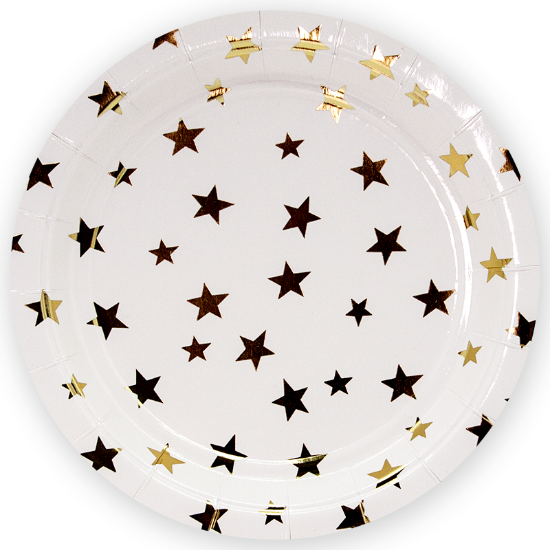 Тарелки (9''/23 см) Золотые звезды, Белый, Металлик, 6 шт.