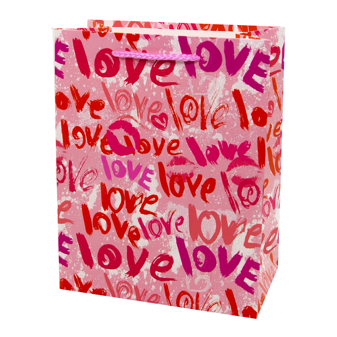 Пакет подарочный, Сердца и поцелуи, Розовый, с блестками, 23*18*10 см, 1 шт.