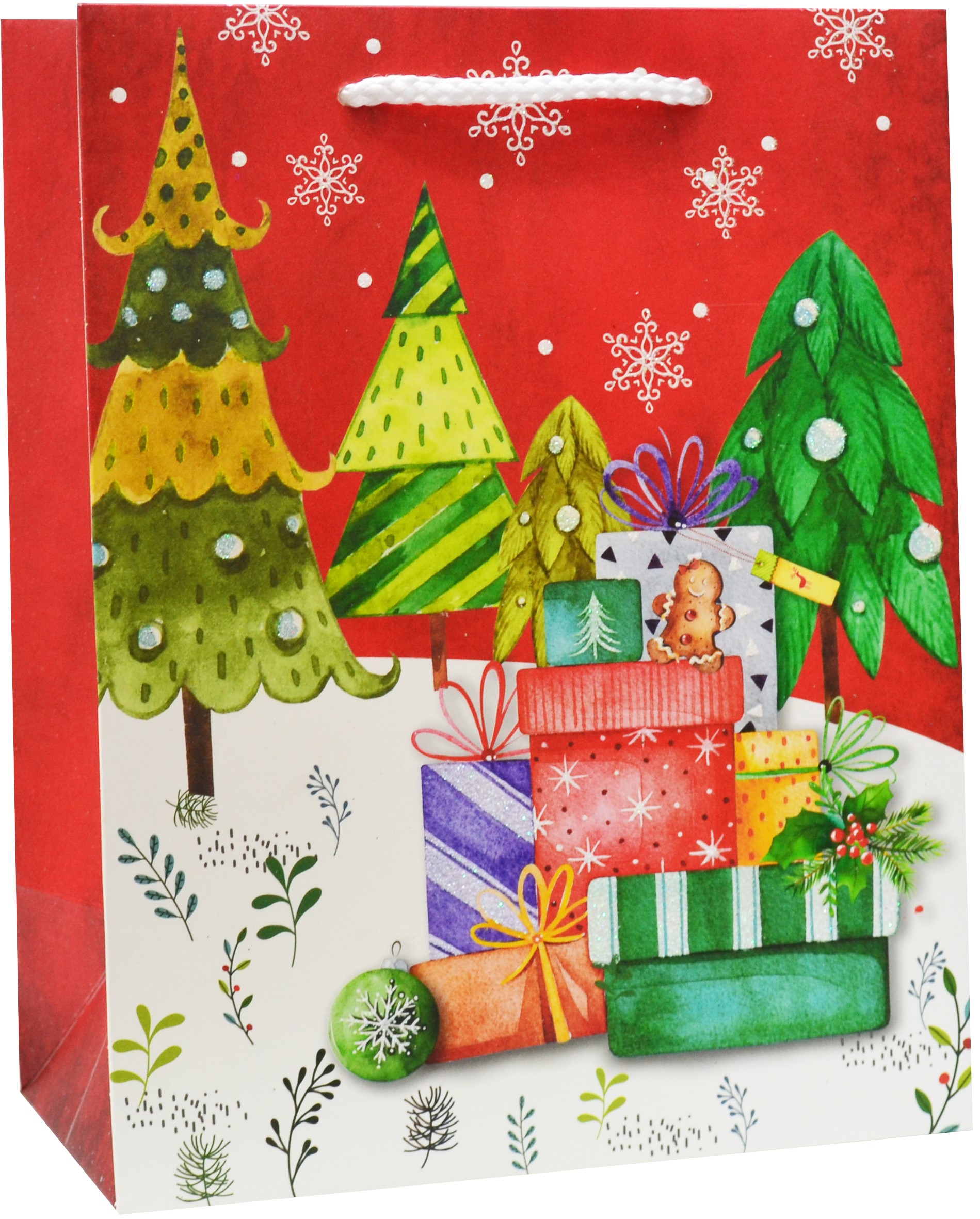 Пакет подарочный, Стильные елочки и подарки, Красный, с блестками, 32*26*12 см, 1 шт.