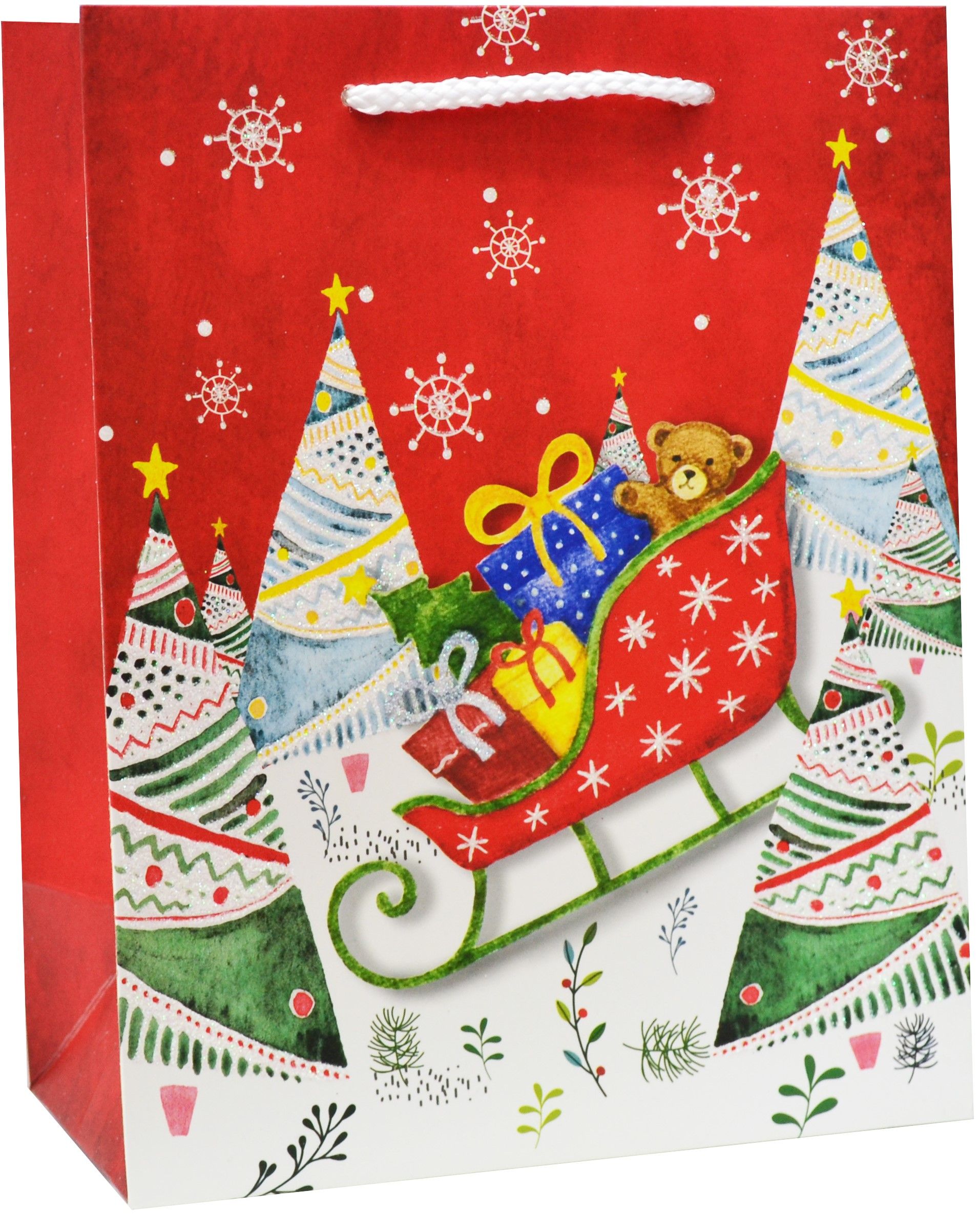 Пакет подарочный, Новогодние санки с подарками и мишкой, Красный, с блестками, 32*26*12 см, 1 шт.