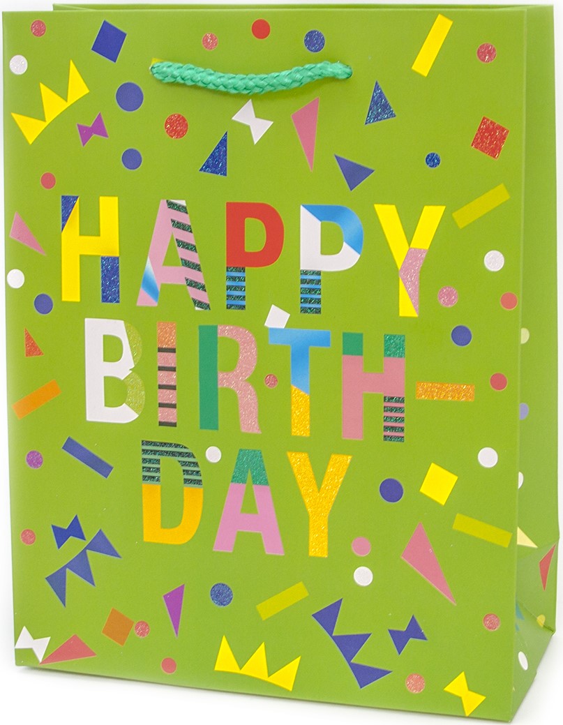 Пакет подарочный, С Днем Рождения! (яркие буквы), Зеленый, с блестками, 23*18*8 см, 1 шт.