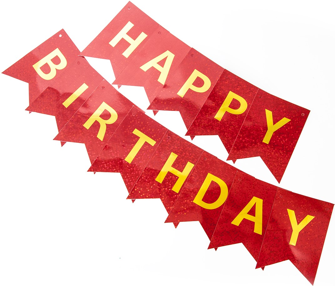 Гирлянда Флажки, Happy Birthday, Красный, Голография, 160 см, 1 шт.
