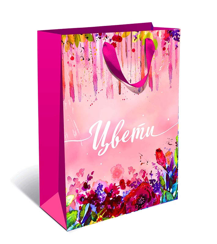 Пакет подарочный, Цвети (цветочная акварель), Розовый, 32*26*12 см, 1 шт.