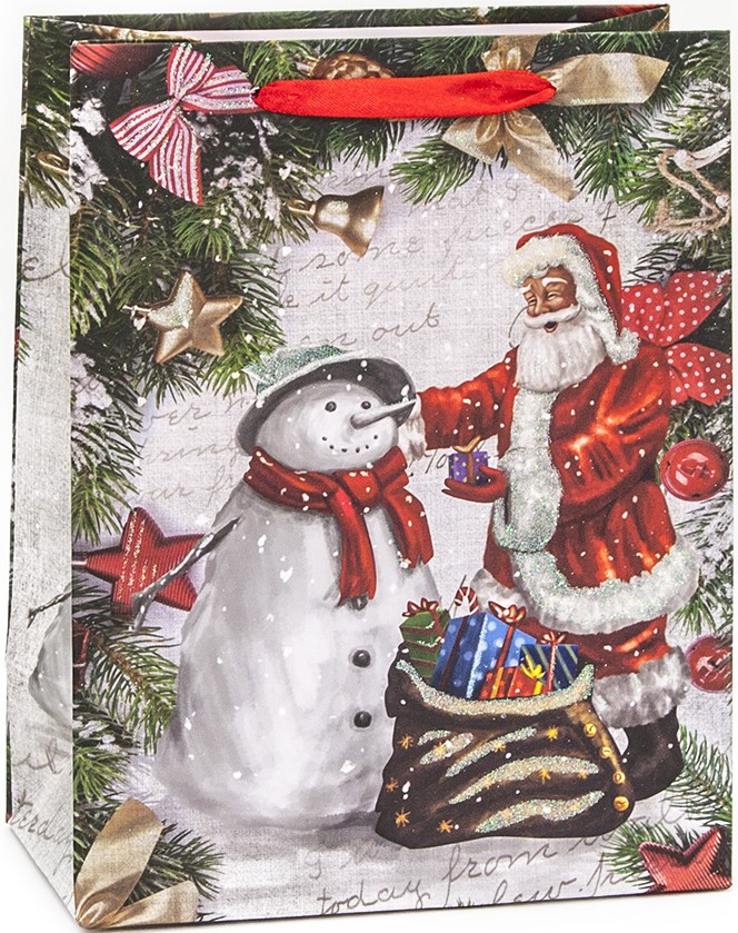 Пакет подарочный, Дед Мороз и снеговик, с блестками, 23*18*10 см, 1 шт.