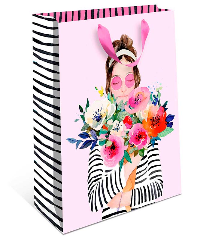 Пакет подарочный, Девушка в розовых очках с цветами, 32*26*12 см, 1 шт.