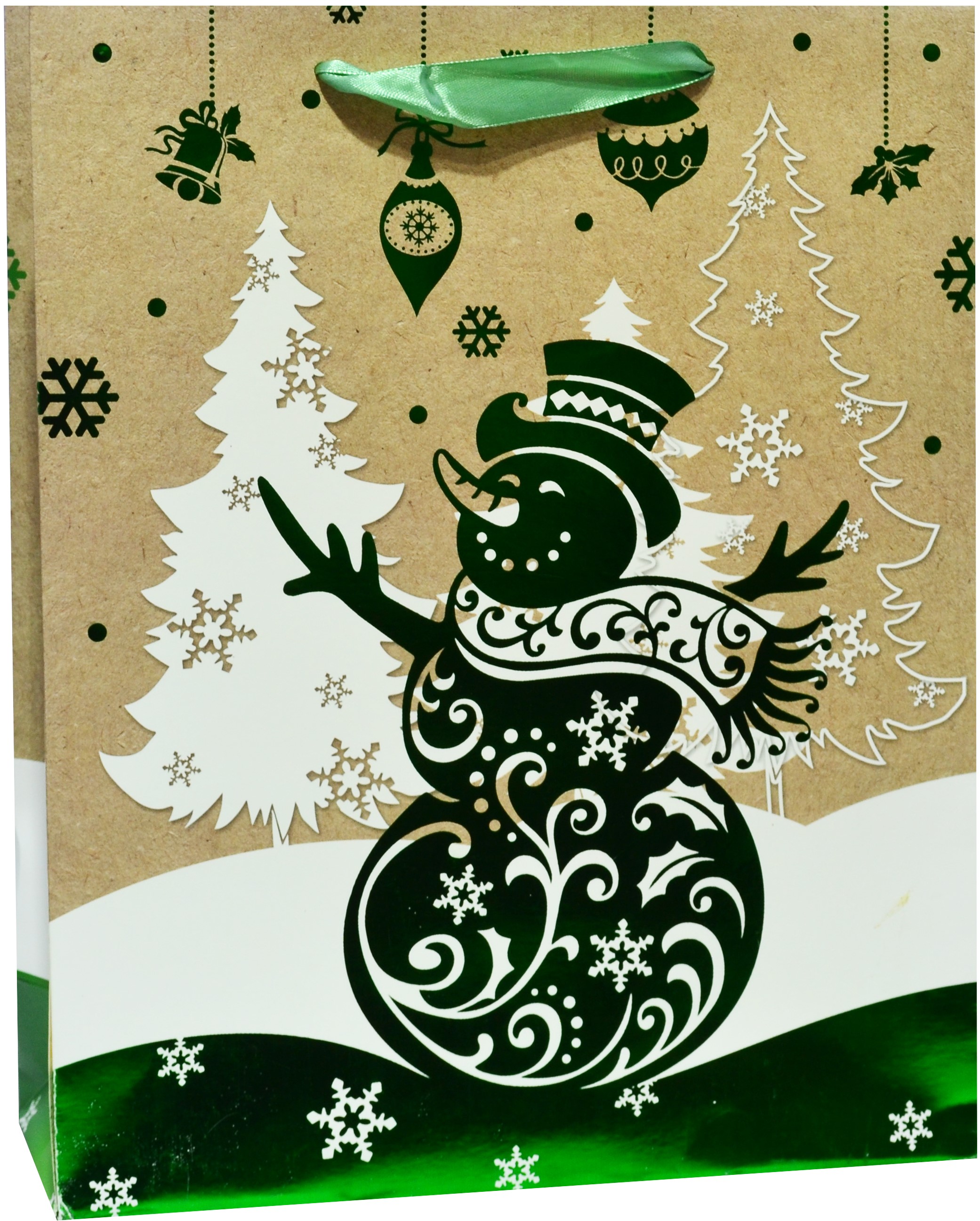 Пакет подарочный, Новогодний снеговичок, Зеленый, Металлик, 24*18*9 см, 1 шт.