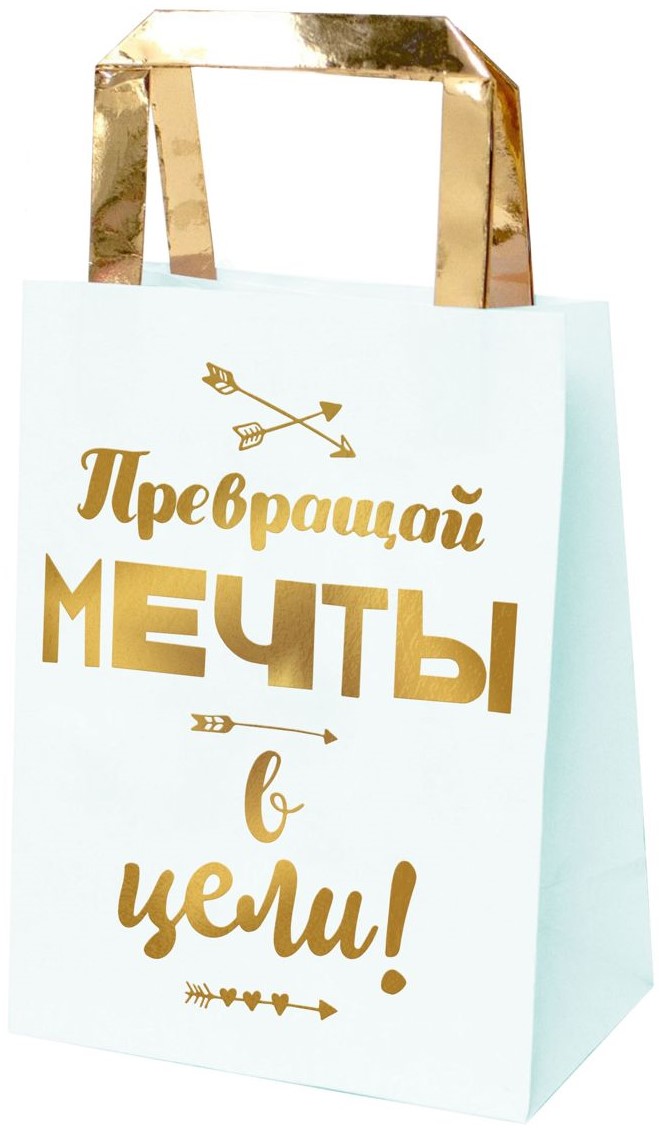 Пакет подарочный, Превращай мечты в цели (золотые стрелы), Мятный, Металлик, 32*26*13 см, 1 шт.