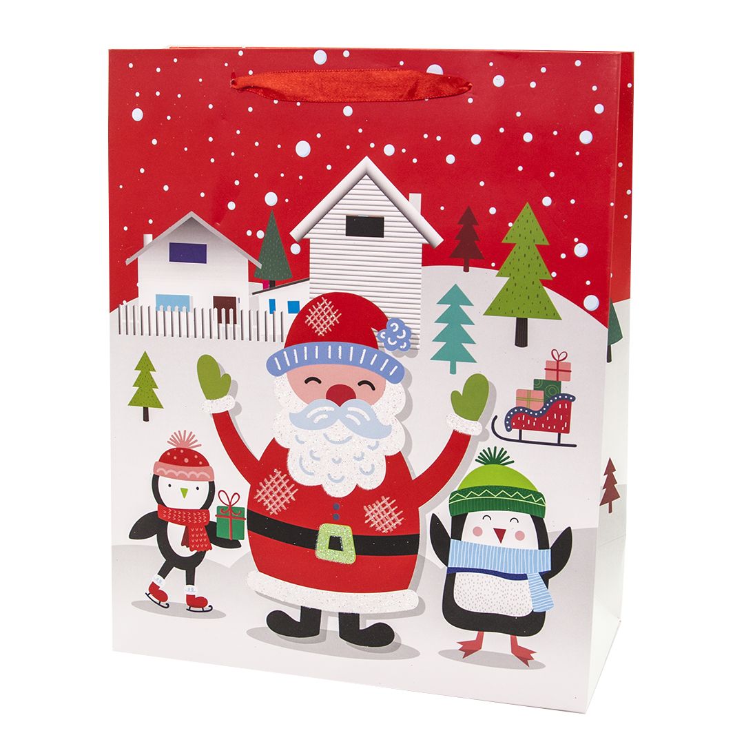 Пакет подарочный, Дед Мороз и маленькие пингвины, Красный, с блестками, 32*26*12 см, 1 шт.
