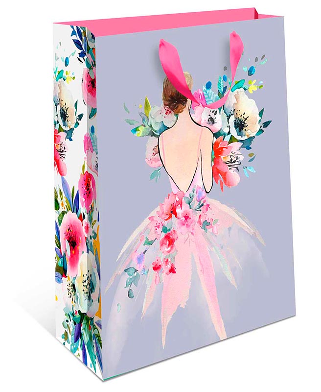 Пакет подарочный, Девушка в бальном платье с цветами, 32*26*12 см, 1 шт.