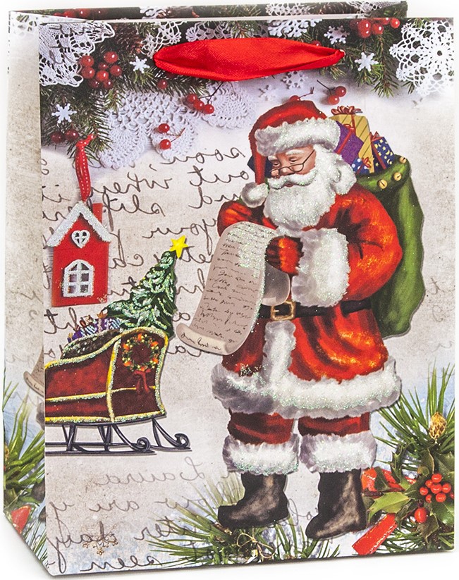Пакет подарочный, Дед Мороз, Список подарков, с блестками, 32*26*12 см, 1 шт.
