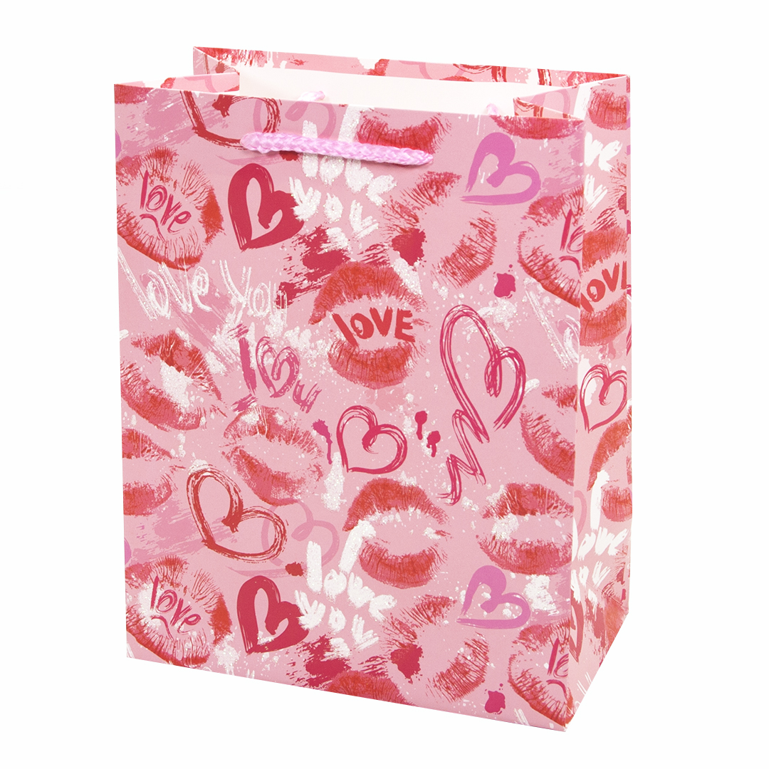 Пакет подарочный, Love (сердца граффити и поцелуи), Розовый, с блестками, 23*18*10 см, 1 шт.