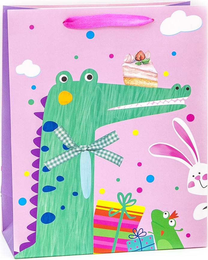 Пакет подарочный, Крокодил с подарками, Розовый, 32*26*12 см, 1 шт.