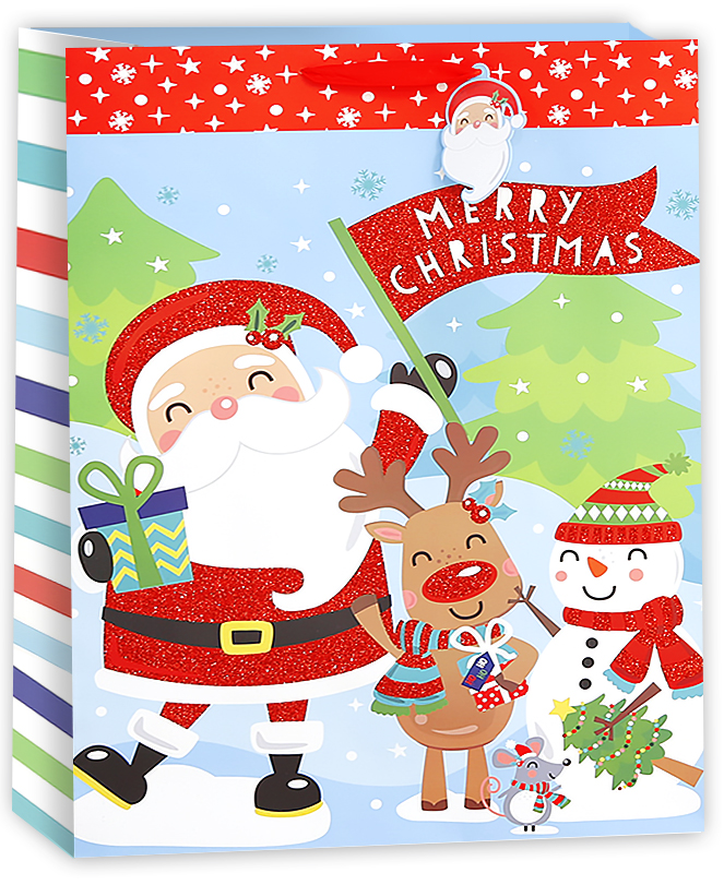 Пакет подарочный, Дед Мороз и новогодняя команда, с блестками, 32*26*12 см, 1 шт.