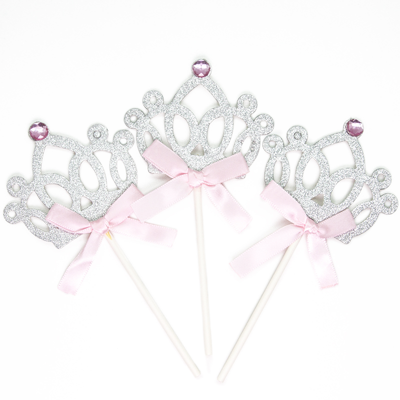 Топпер, Корона для принцессы, Серебро/Розовый, с блестками, 3 шт.