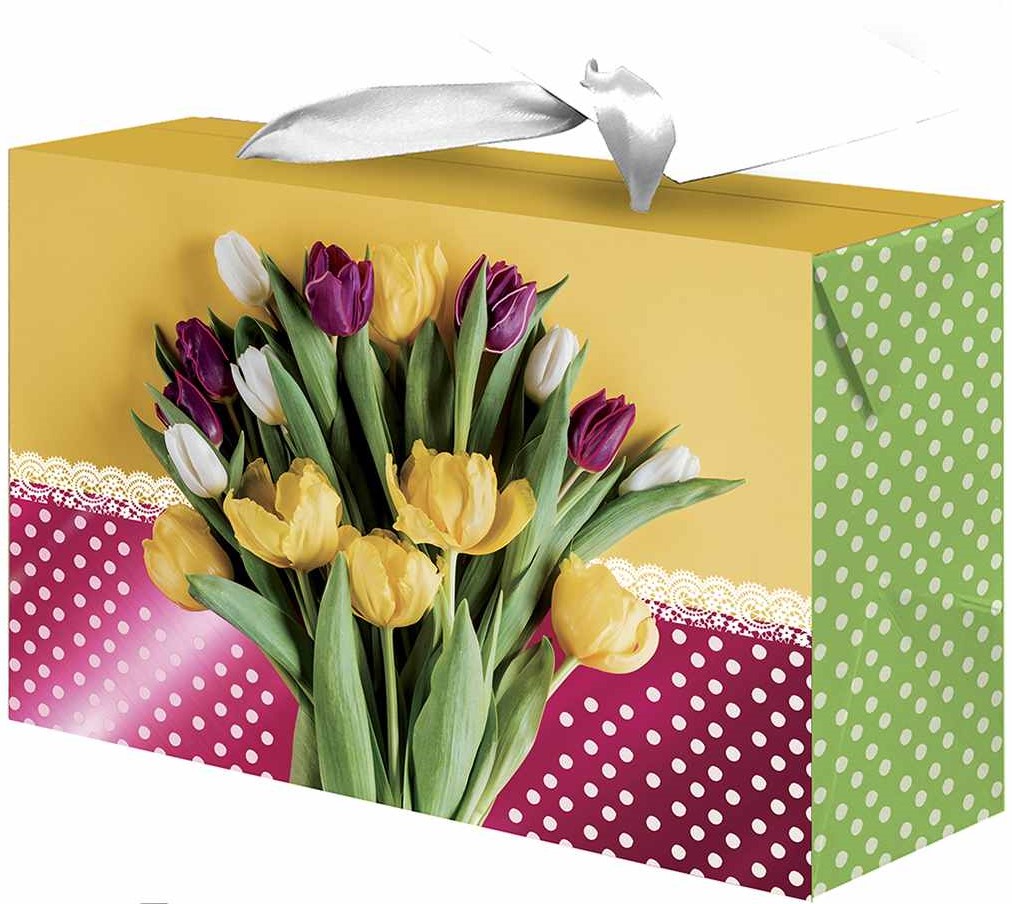 Пакет-коробка подарочный, Тюльпаны, Металлик, 15*11*9 см, 1 шт.