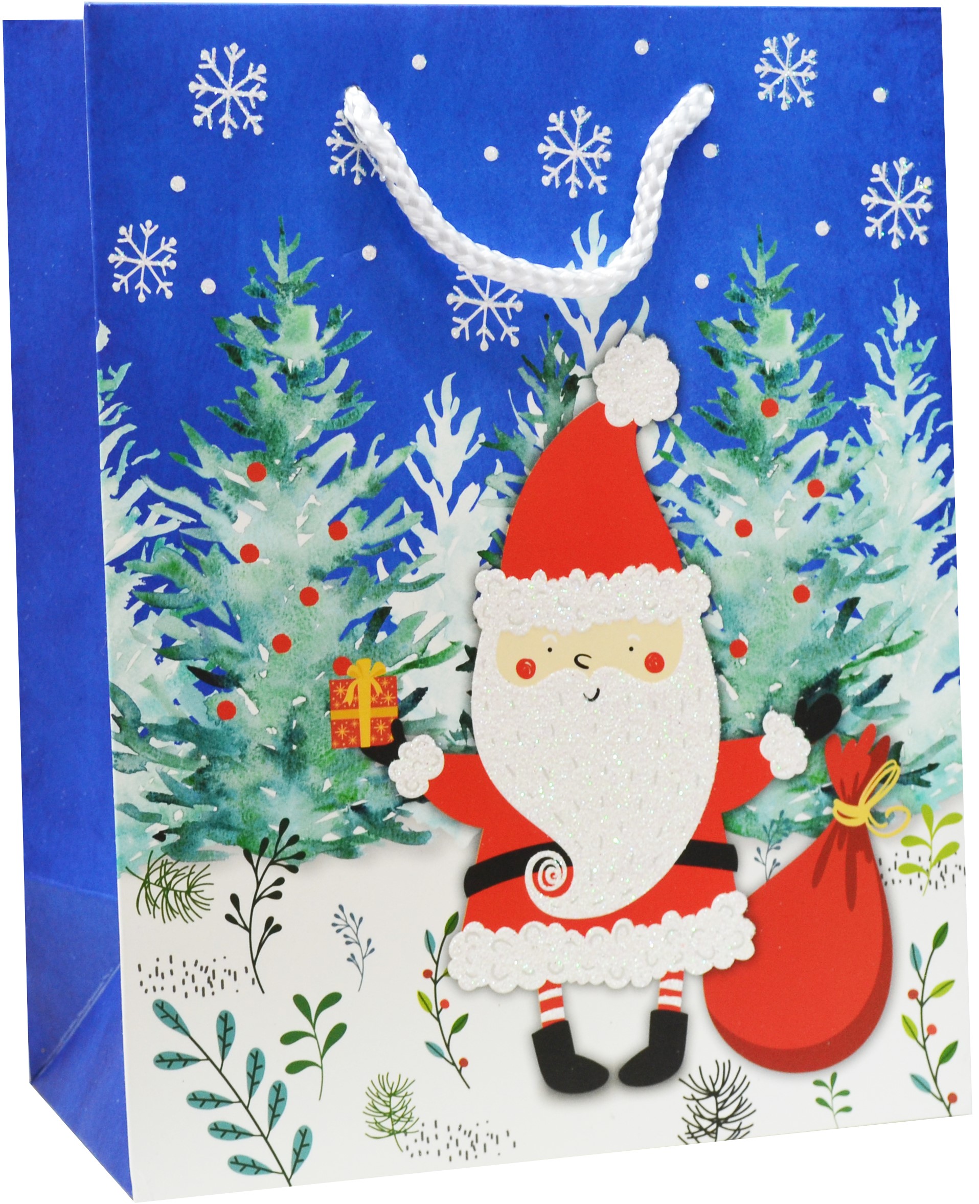 Пакет подарочный, Дед Мороз с подарками, Синий, с блестками, 32*26*12 см, 1 шт.