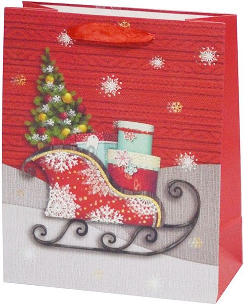 Пакет подарочный, Новогодние санки с подарками, Красный, с блестками, 44*31*12 см, 1 шт.