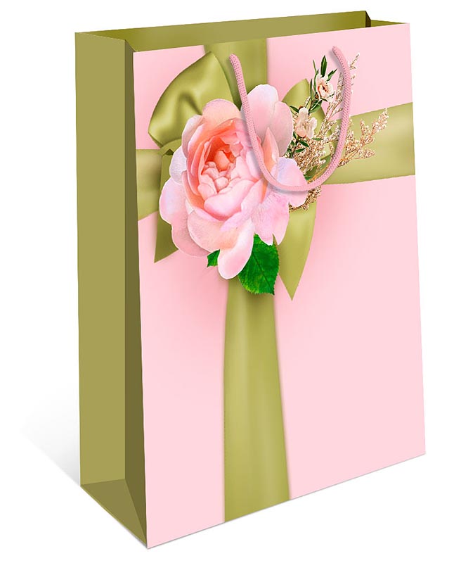 Пакет подарочный, Цветок и атласный бант, Розовый, 43*33*10 см, 1 шт.