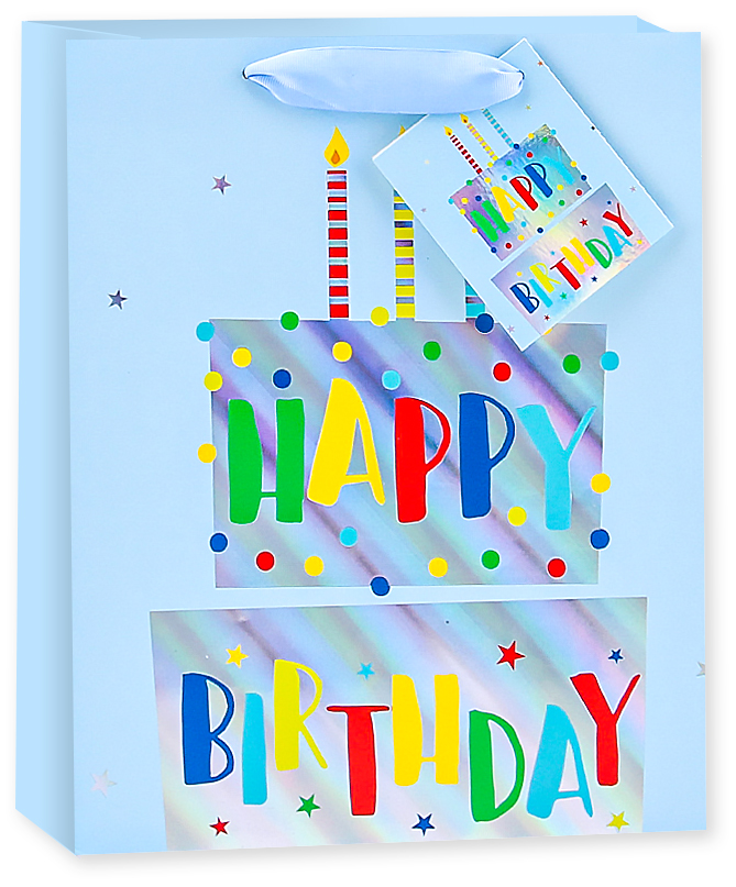 Пакет подарочный, С Днем Рождения! (торт и свечи), Голубой, Голография, 23*18*10 см, 1 шт.