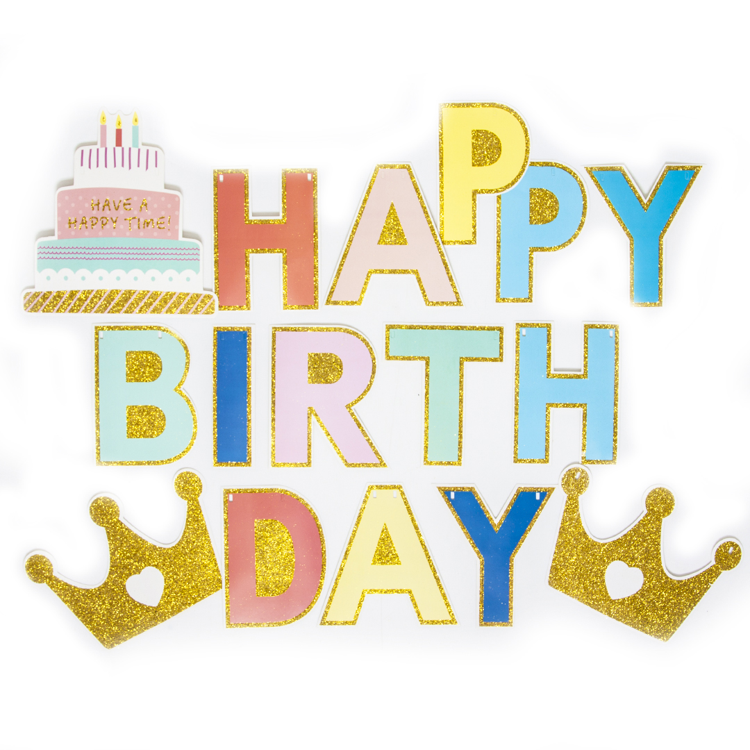 Гирлянда Happy Birthday (разноцветные буквы и короны), с блестками, 200 см, 1 шт.